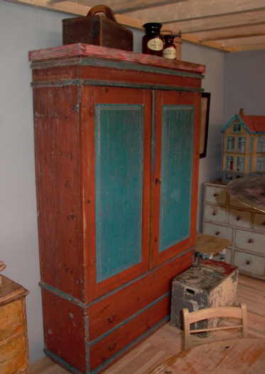 fantastic red/blue cabinet, 2 doors, 2 drawers, great patina inside, Sweden, 19th century - #10164